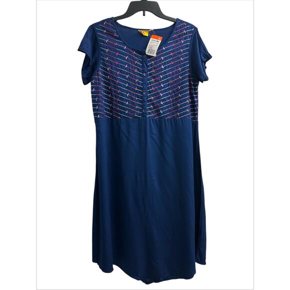 Ateesa Navy Blue Long Strip Embroidery Short Sleeve A-Line Tunic Dress Womens XL - Picture 1 of 8